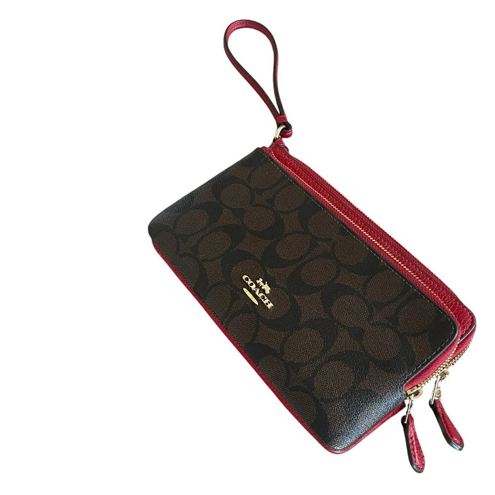 COACH C5576 Brown Signature Canvas 1941 Red Leather Double Zip Wristlet Wallet - Picture 2 of 9